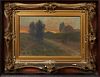 Augustus Lux (American), "Farmhouse at Sunset," 20th c., oil on canvas, presented in a gilt and gesso frame, mounted inside of a wooden box, H.- 11 3/