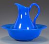 French Blue Opaline Glass Pitcher & Bowl