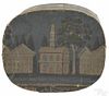 Wallpaper hat box, mid 19th c., decorated with colonial buildings on a blue ground, 11 1/2'' h.