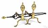 Pair of Federal brass lemon top andirons, ca. 1800, together with fire tongs, 15 1/2'' h.