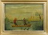 American primitive painted tin shooting scene, 19th c., with two figures in a canoe