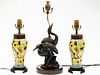5394220: Pair of Chinese Yellow Vases, Now Mounted as Lamps and a Bird Lamp E7RDC