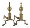 Pair of Chippendale engraved brass andirons, ca. 1770, the plinths decorated on three sides