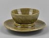 Chinese Yue Ware Celadon Cup & Holder, Tang D.