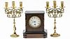 English Mahogany Mantle Clock & Pair of Candlesticks