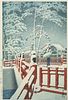 Hasui, Snow at Yakumo Bridge, Mnagata Shrine,Woodblock