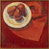 Jan Clayton, Red Still Life with Fruit, Oil on Board