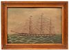 Oil on Artist Board of a Three Mast Ship at Sea.