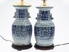 Near Pair of Chinese Blue and White Lamps