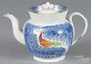 Blue spatter peafowl teapot, 19th c., 6 1/2'' h.