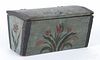 Scandinavian painted pine trinket box, 19th c., with floral decoration on a blue background