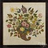 Embroidered cornucopia, 20th c., with some 19th c. elements, 23 1/4'' x 23 1/4''.