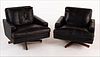 5493299: Pair of Mid-Century Black Leather Upholstered Low Swivel Chairs E8VDJ