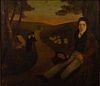 5493246: Folk Art Painting of Travelers Along a Road, Oil
 on canvas, 19th Century E8VDL
