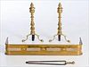 5081631: Pair of English Brass Andirons and a Small Fender, 19th Century EL1QJ