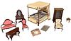 Lot of 9 pieces miniature dollhouse furniture in different wood tones. Made out of wood and plastic with some items made by BESPAQ.