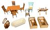 Lot of 13 pieces miniature dollhouse furniture in different wood tones. Made out of wood/plastic. Some items made by Bespaq.