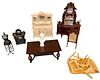 Lot of 8 pieces miniature doll furniture in different wood tones. Made out of wood/plastic. Some items made by Bespaq. The wood drop leaf table is bro