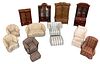 Lot of 14 pieces miniature dollhouse furniture in different wood tones. Made out of wood, plastic and cloth with some items made by BESPAQ.