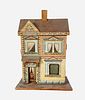 Antique Rufus Bliss wood 2 story doll house 10 1/2" x 7 1/2" x 5" with original lithograph paper, door opens and closes w/"R. Bliss" over the door and
