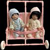 2011 Kish & Co baby dolls (2) @ 5" tall in hard vinyl. Boy and girl are five-jointed and include a double stroller accessory with moveable wheels.