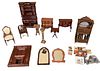 Lot of 12 pieces of miniature dollhouse furniture in different wood tones. Made out of wood/plastic. Some items made by Bespaq.