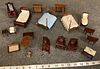Lot of 19 pieces of miniature dollhouse furniture made from wood/plastic. One corner hutch has broken leg (as shown).