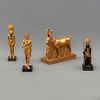 Lote de 4 deidades egipcias. SXX. Elaboradas en resina moldeada y policromada. Consta de: Horus, Apis, Sekhmet y Amón.