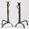 Pair Bronze Andirons with Stylized Ram's Heads