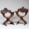 Two Italian Medieval Style Carved Walnut Savonarola Chairs