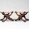 Pair of Italian Baroque Style Carved Stained Wood Stools
