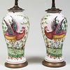 Pair of English Porcelain Lamps Decorated with Birds Amongst Branches