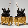 Pair of Empire Style Patinated and Gilt Bronze Chenets Mounted as Lamps