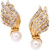 PAIR OF EARRINGS WITH CULTURED PEARLS AND DIAMONDS IN 14K YELLOW GOLD 8x8 Cut diamonds ~0.46 ct. Weight: 8.5 g | PAR DE ARETES CON PERLAS CULTIVADAS Y