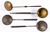 Four large wrought iron and brass ladles/dippers