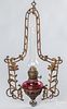 Victorian cranberry glass hanging oil lamp
