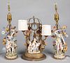 Three gilt metal and figural porcelain table lamps