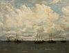 HENDRIK WILLEM MESDAG (Dutch 1831-1915) A PAINTING, "Fishing Boats at Twilight on the Calm Harbour,"