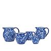 5 blue and white English pitchers