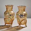 Pair Enameled Moser Crackle Glass Footed Vases