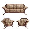 Sala. SXX. Estilo Imperio. Elaborada en madera laqueada con aplicaciones de bronce y tapicería textil. Sofá y par de sillones.