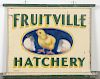Painted tin and pine trade sign, 20th c., inscribed Fruitville Hatchery, signed M. Demlinger
