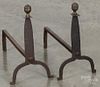 Pair of wrought iron knife blade andirons, ca. 1800, with brass ball finials, 14'' h.