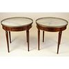 Pair of mid 20th century Italian Louis XVl style mahogany bouillotte tables with marble tops and brass galleries. Unsigned. Minor rubbing or in good c