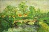 after: Camille Pissarro, French (1830-1903) oil on canvas, "Stone Bridge". Signed lower right. Two small patches otherwise good condition. Measures 24