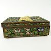 Antique Chinese Enameled Box with Applied Carved Ivory Figure. Floral motif and wood lined. Marked China on bottom. Typical age cracks on ivory or in 