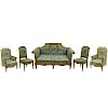 19th Century French Louis XVl Style, carved painted and parcel gilt 5 piece salon set. Includes canape, 2 bergeres, 2 side chairs. Unsigned. Rubbing, 