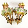Pair of Early 20th Century Venetian style Painted and Parcel Gilt Tole Hanging Lanterns. Unsigned. Spots of surface corrosion, Losses, surface wear an