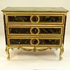 19/20th Century Probably Italian Faux Marble Painted and Parcel Gilt Three Drawer Commode. Unsigned. Distressed antique condition, rubbing, losses. Me