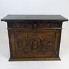 19/20th Century Continental Renaissance style Carved Walnut Cabinet with Later Slate Top. Unsigned. Cabinet was top part of larger piece of furniture.